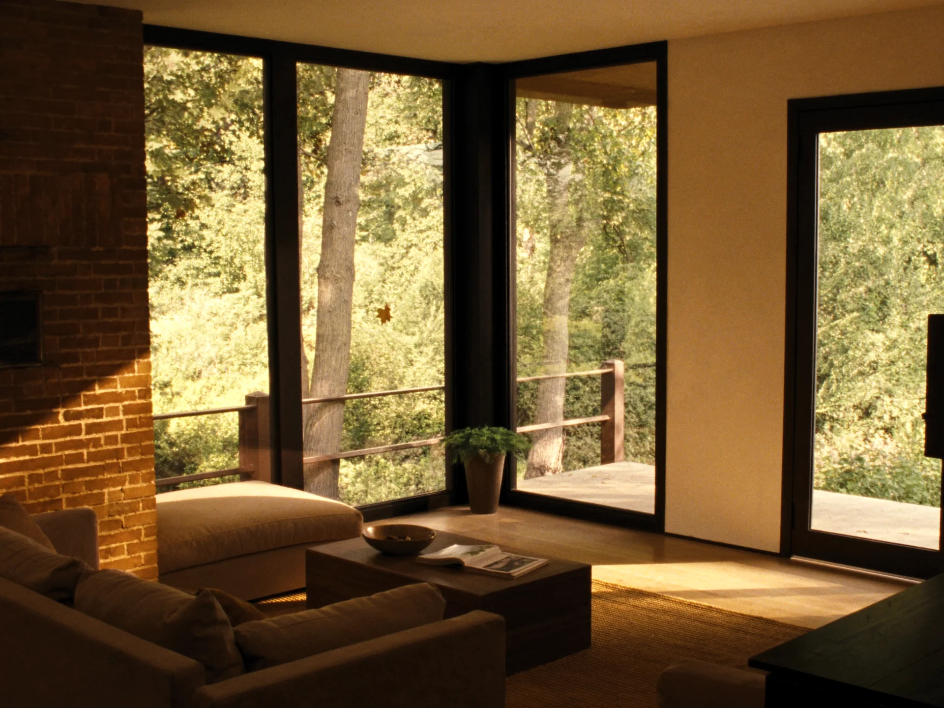 Illustrative sunlit Michigan home interior with oak flooring and garden views